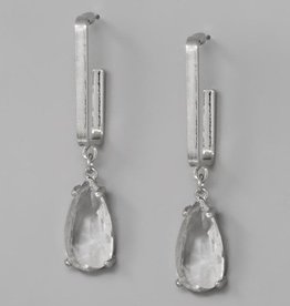 Glass Stone Teardrop Rectangular Hoops - Rhodium