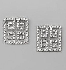 Greek Pattern Glass Stone Embellished Studs - Silver