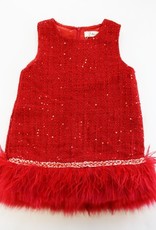 Girls' Feather Trim Tweed Dress Red