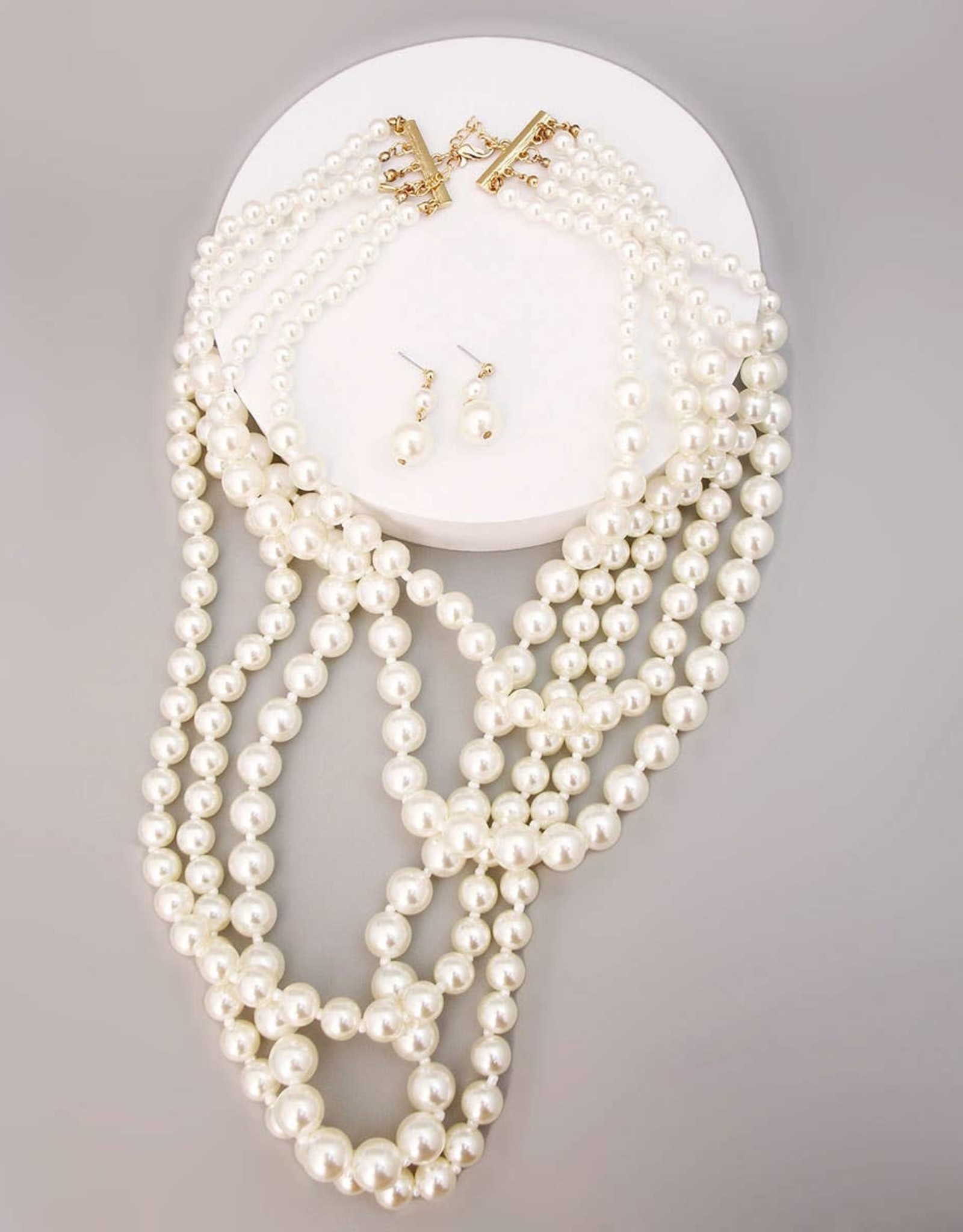 Layered 5 Strand Cream Pearl Necklace Set