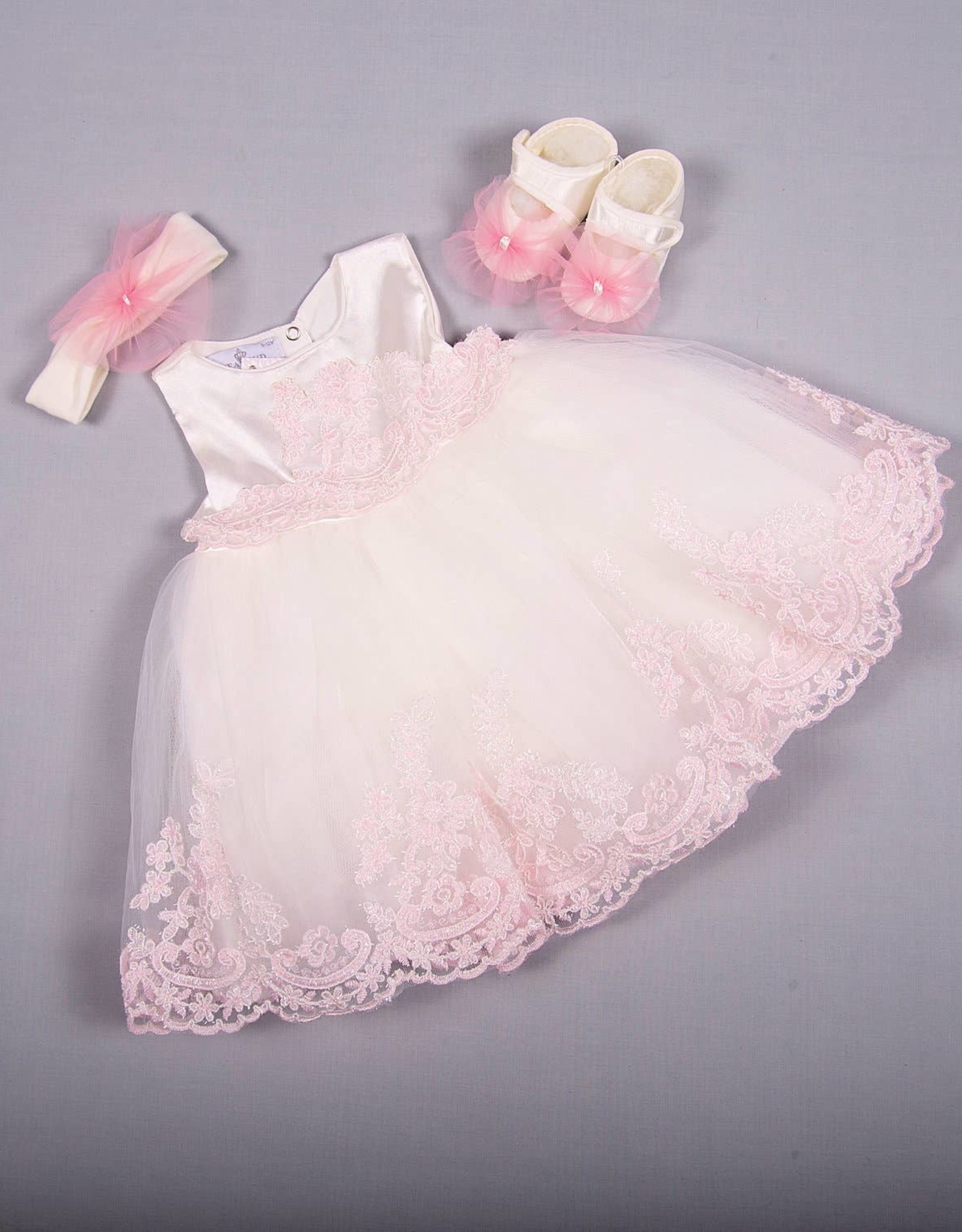 Baby pink special occasion lace dress/headband/booties 3-6Months