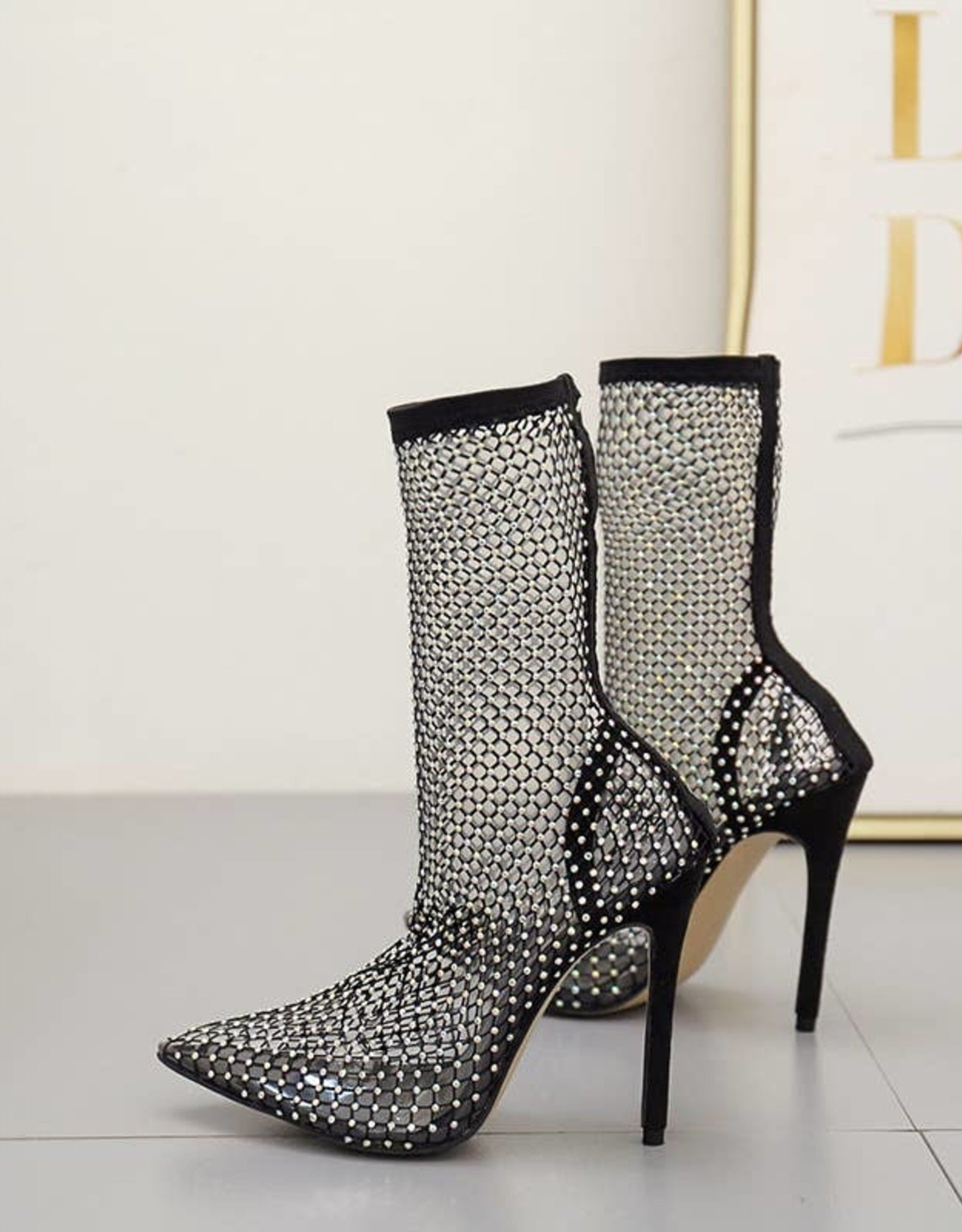 Crystal Rhinestone Mesh Stretch Fabric Sock High Heels Boots