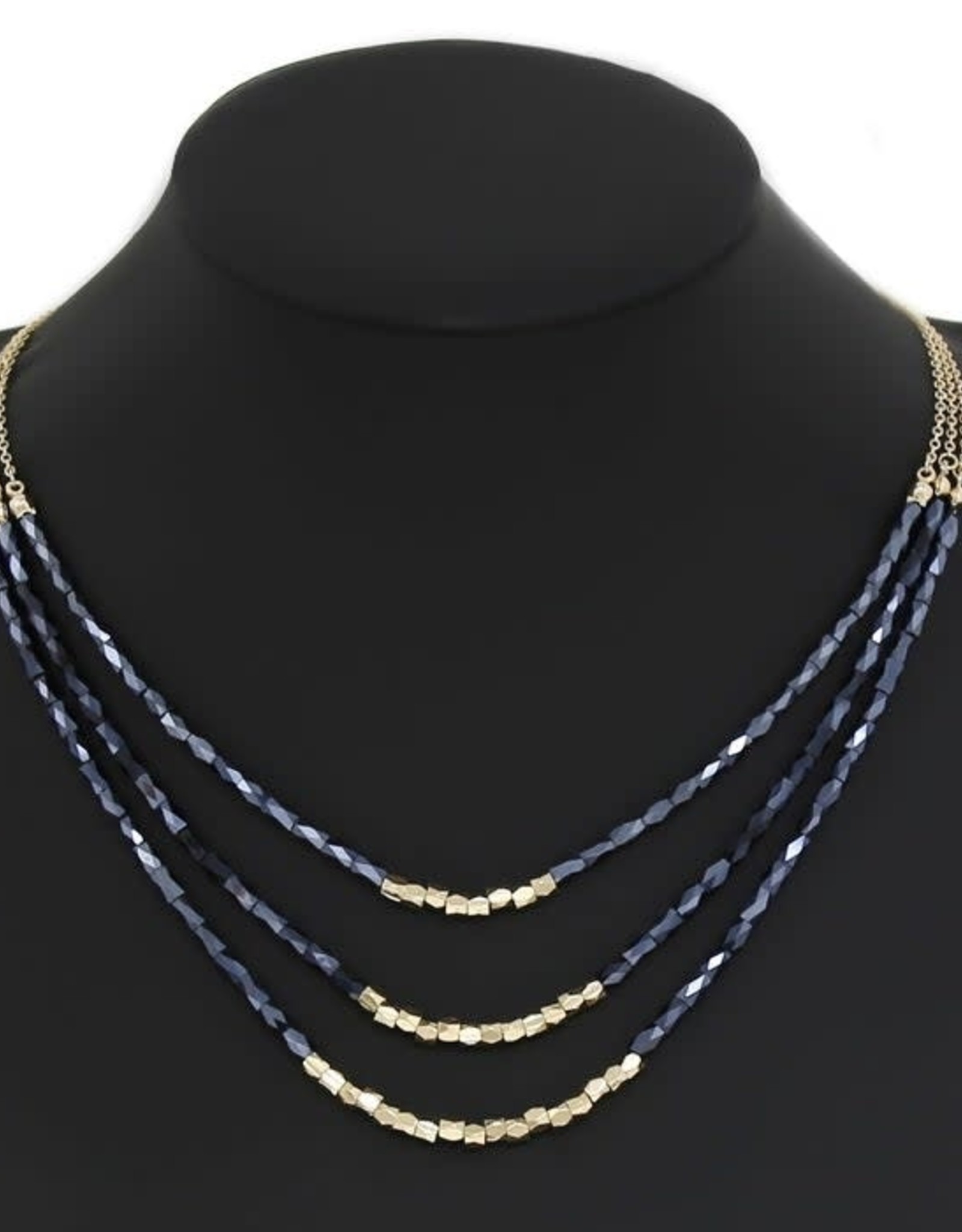 Faceted Glass Beaded Triple Layer Necklace - Navy