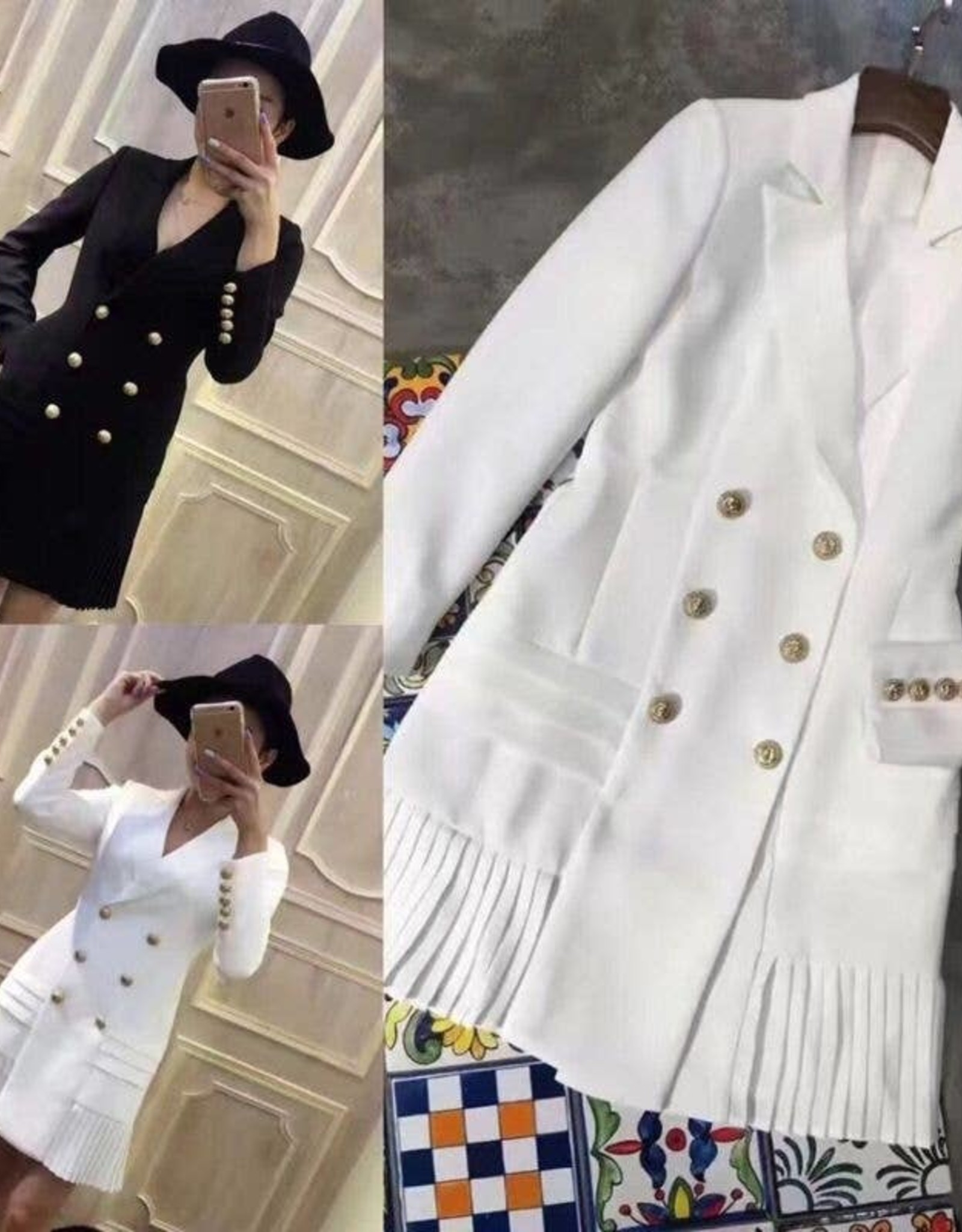 Double Breasted Pleated Blazer Dress - Wht