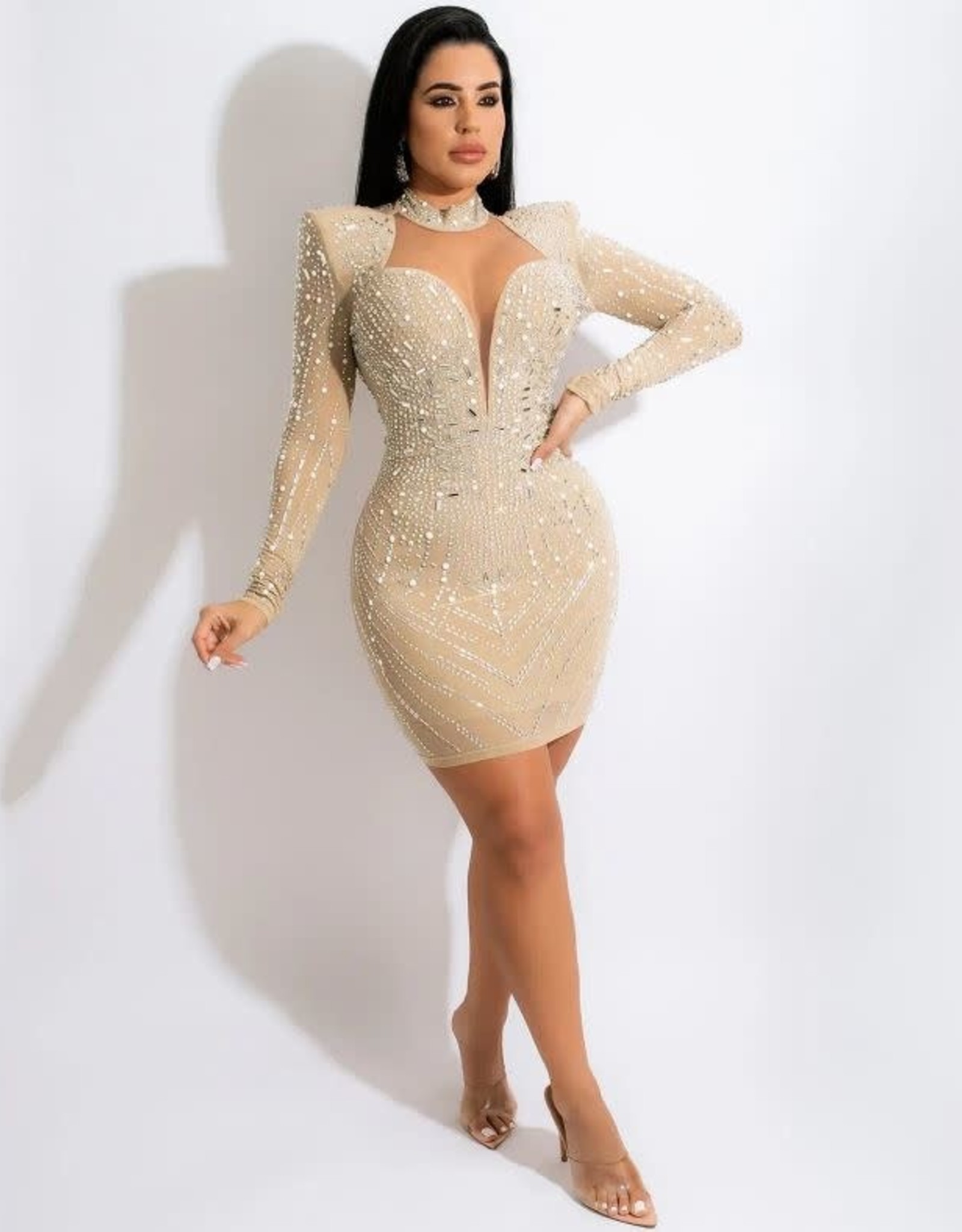 Mirror & Pearl Embellished Cocktail Dress - Nude
