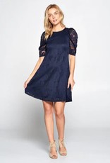 Navy Floral Lace Puff Sleeve Dress