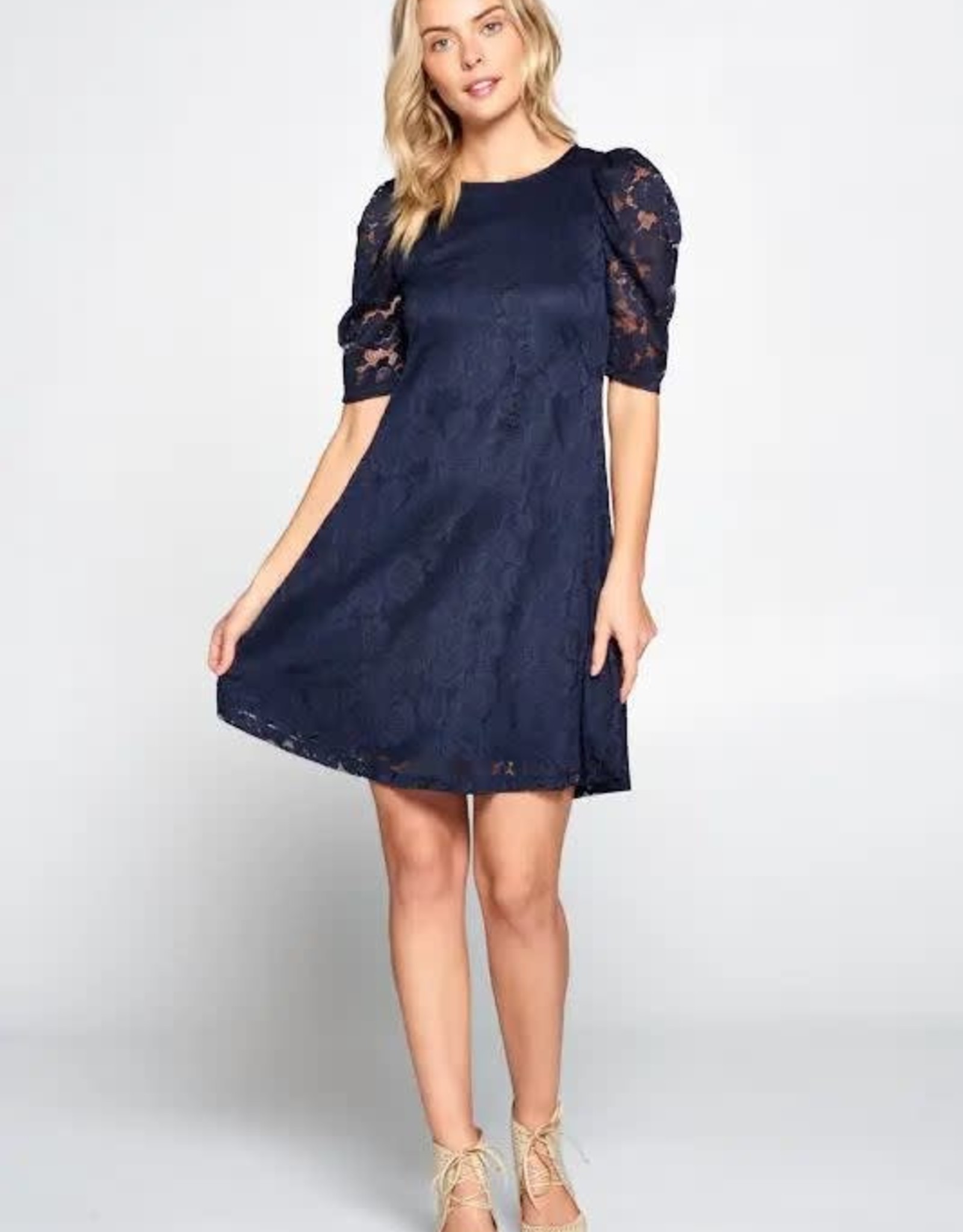 Navy Floral Lace Puff Sleeve Dress