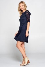 Navy Floral Lace Puff Sleeve Dress