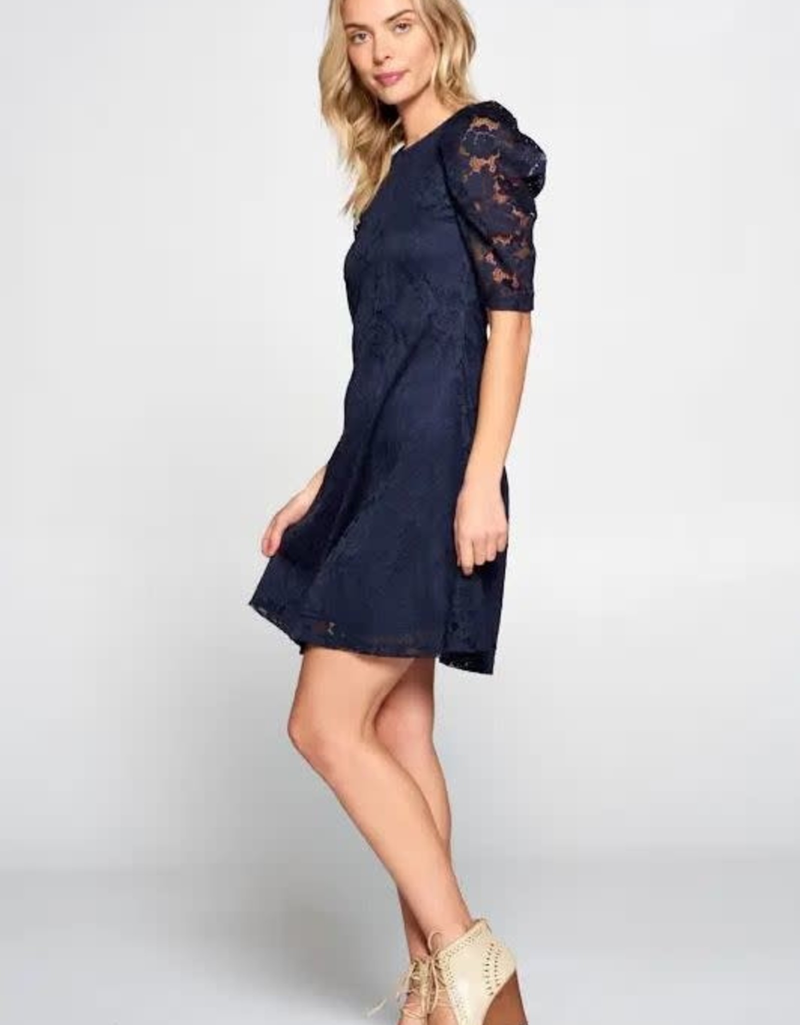 Navy Floral Lace Puff Sleeve Dress