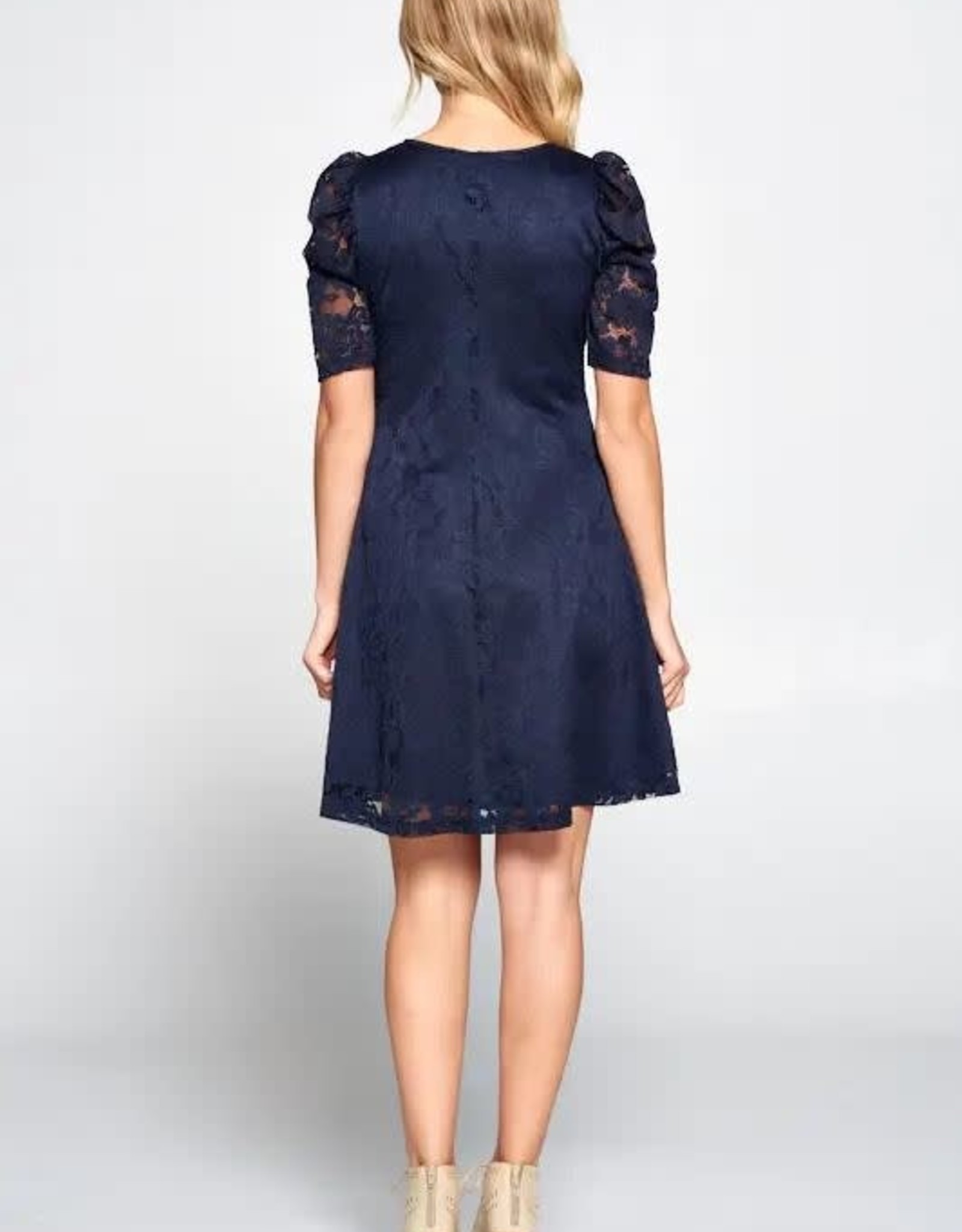 Navy Floral Lace Puff Sleeve Dress