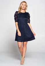 Navy Floral Lace Puff Sleeve Dress