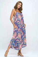 Sleeveless Print Jumpsuit w/Pockets - Pink