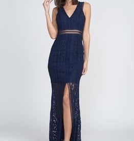 Navy Lace Gown w/Front Slit