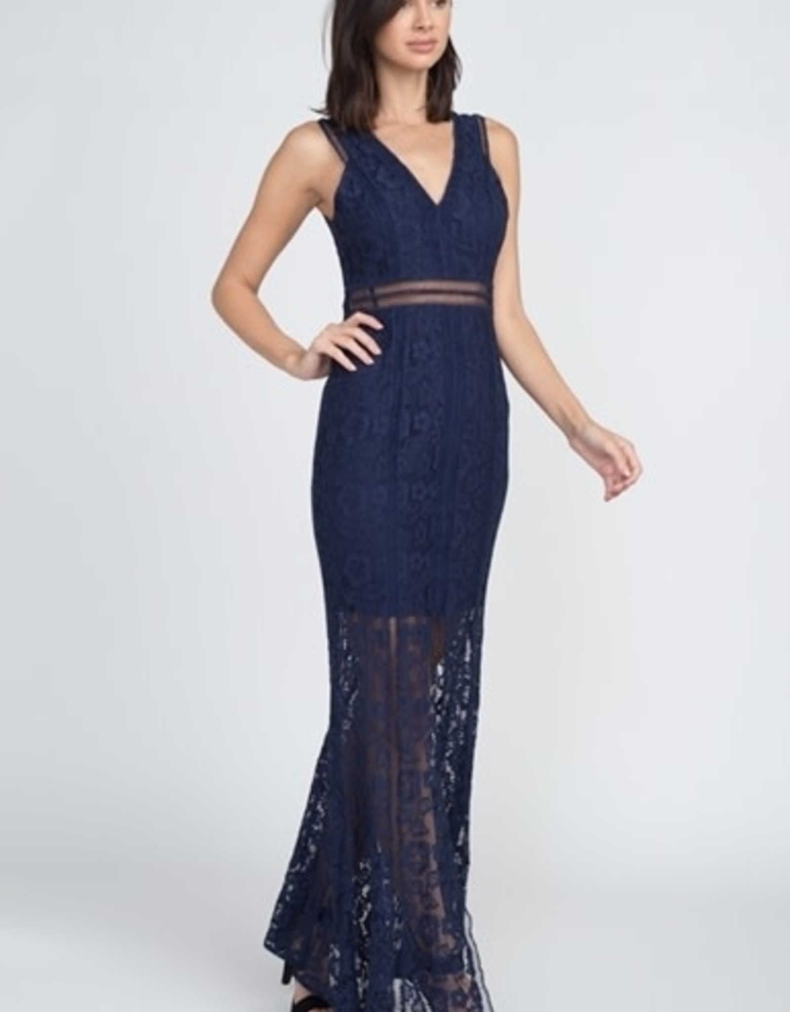 Navy Lace Gown w/Front Slit