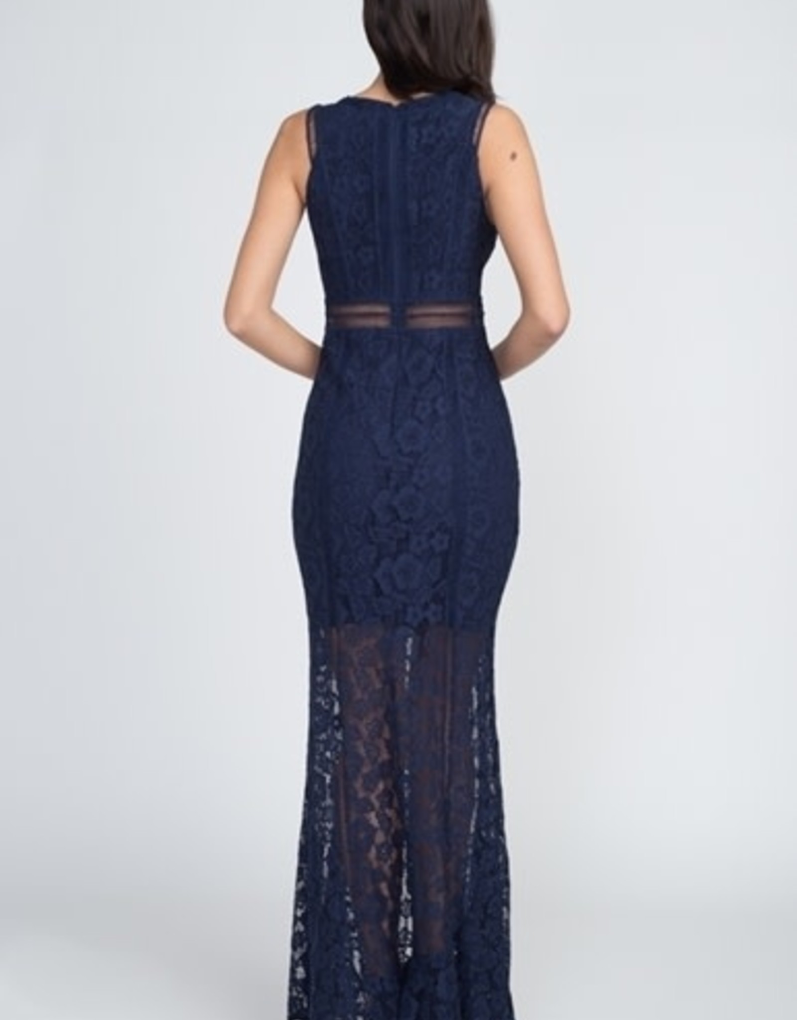 Navy Lace Gown w/Front Slit