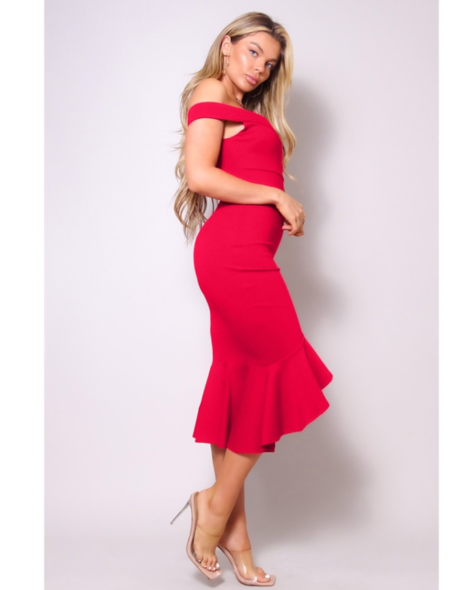 Off Shoulder Ruffle Mermaid Midi