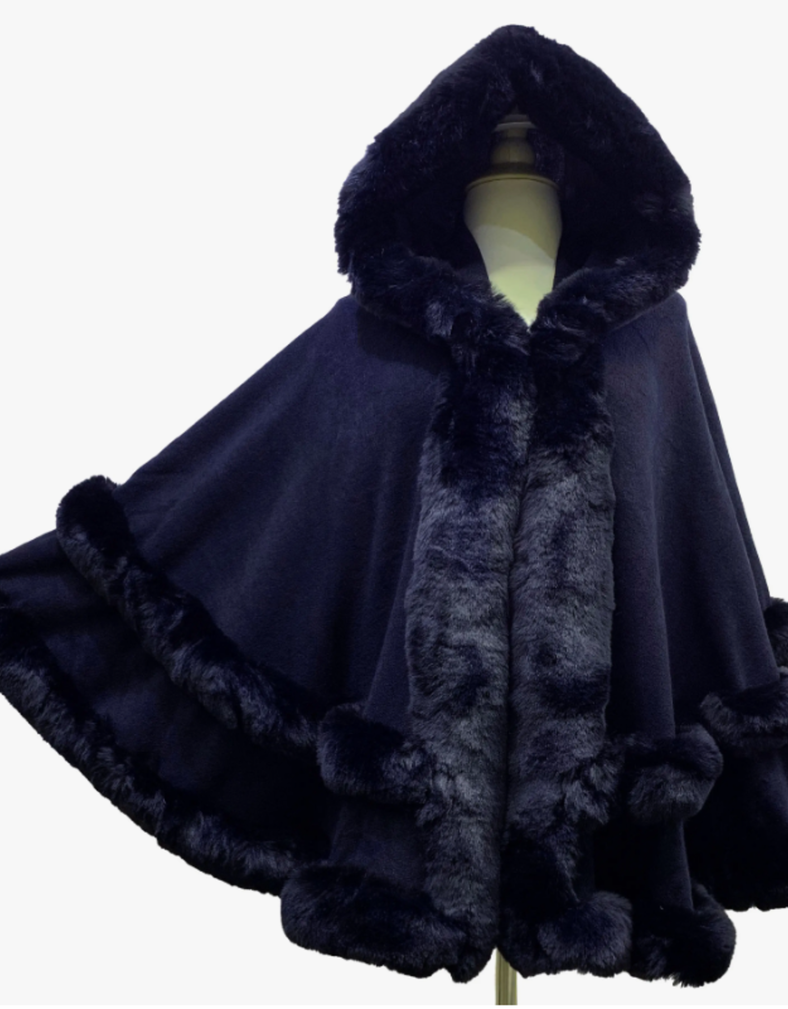 Hooded Faux Fur Trim Knit Poncho Double Row
