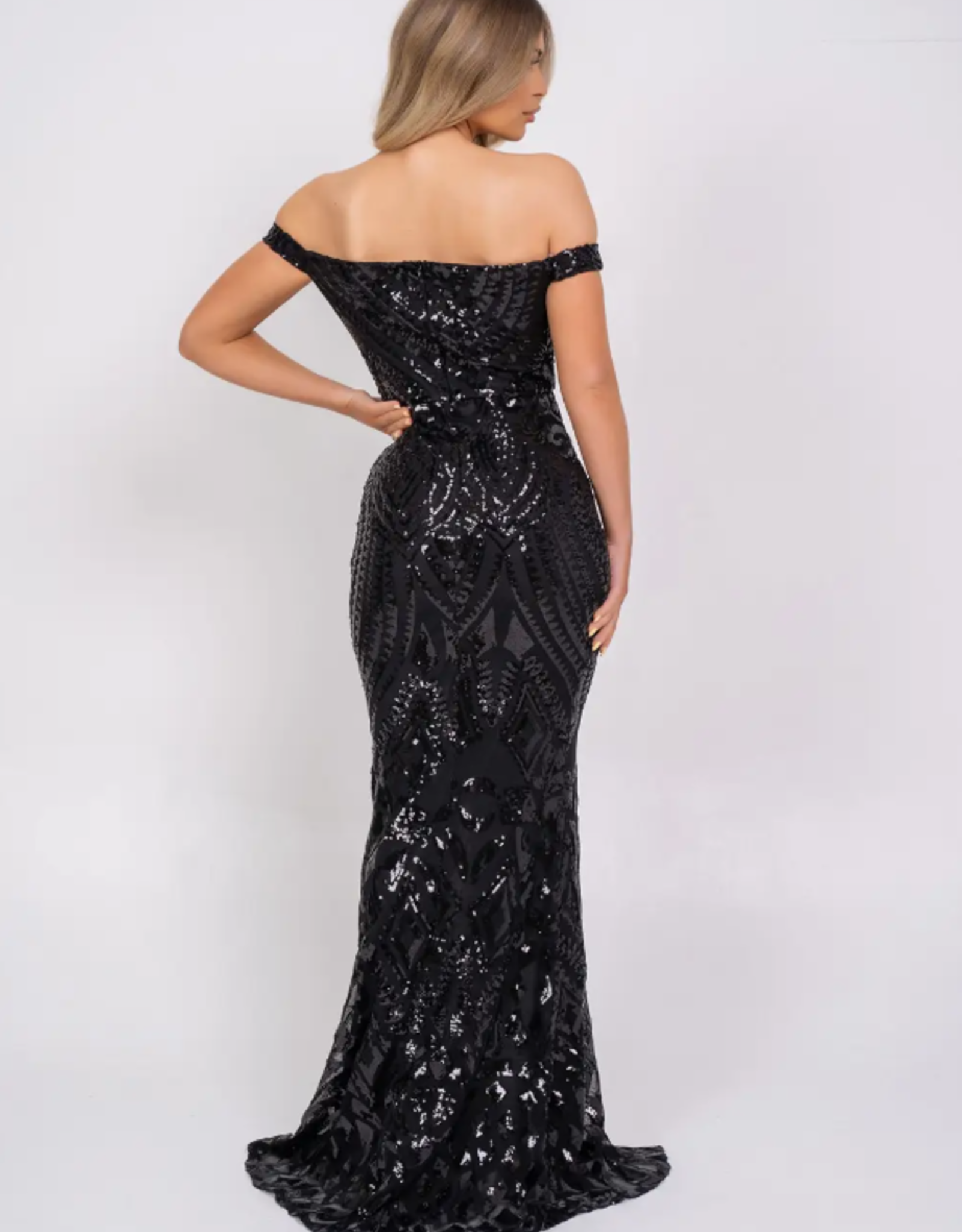 Off the Shoulder High Slit Sequin Gown