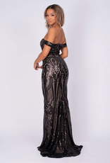 Blk Nude Bardot Sweetheart Fishtail Gown