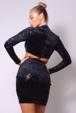 Sequin Velvet Crop Top and Skirt Set Black
