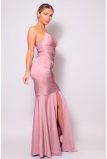 Mauve Ruched Deep V Spaghetti Strap Gown