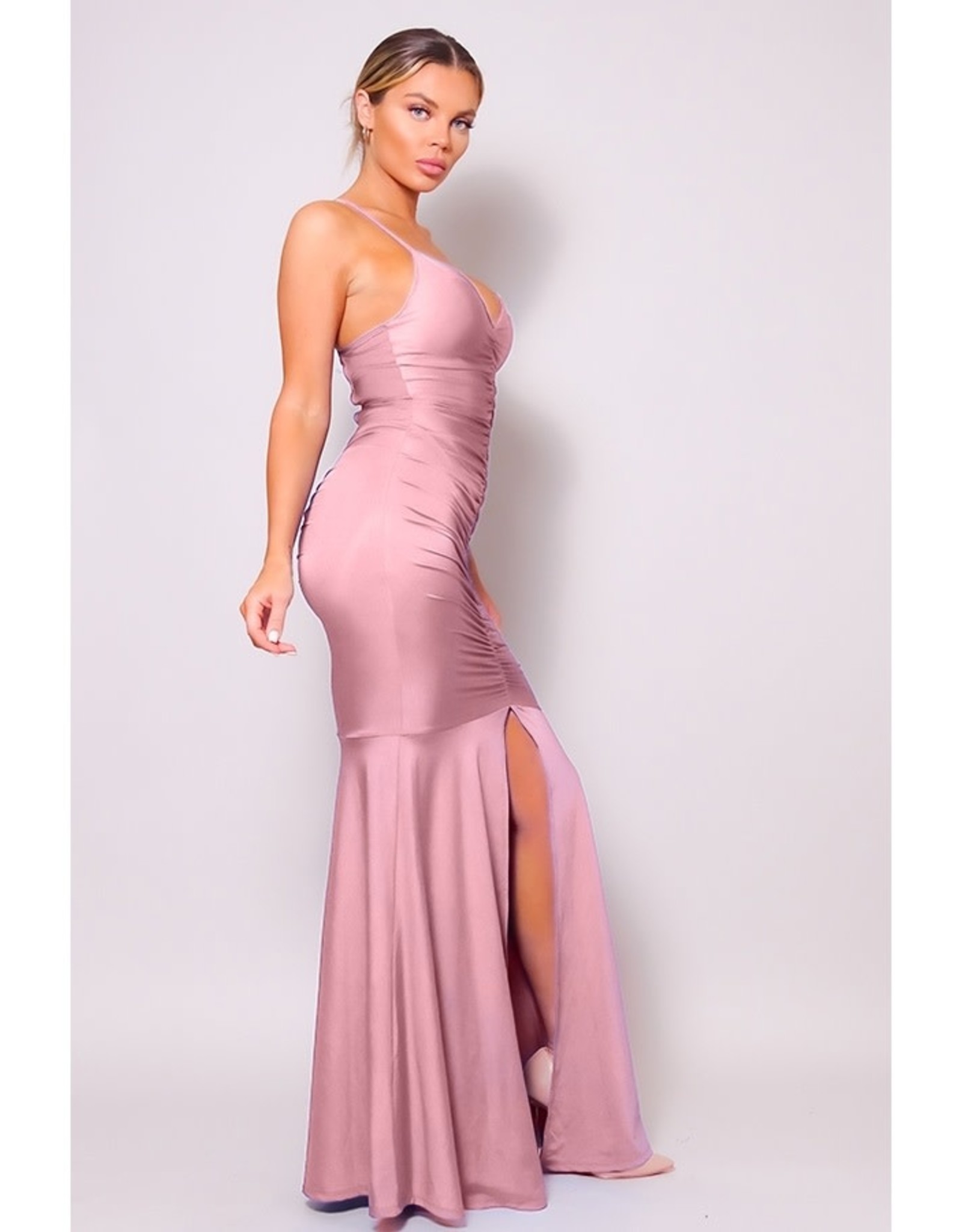 Mauve Ruched Deep V Spaghetti Strap Gown