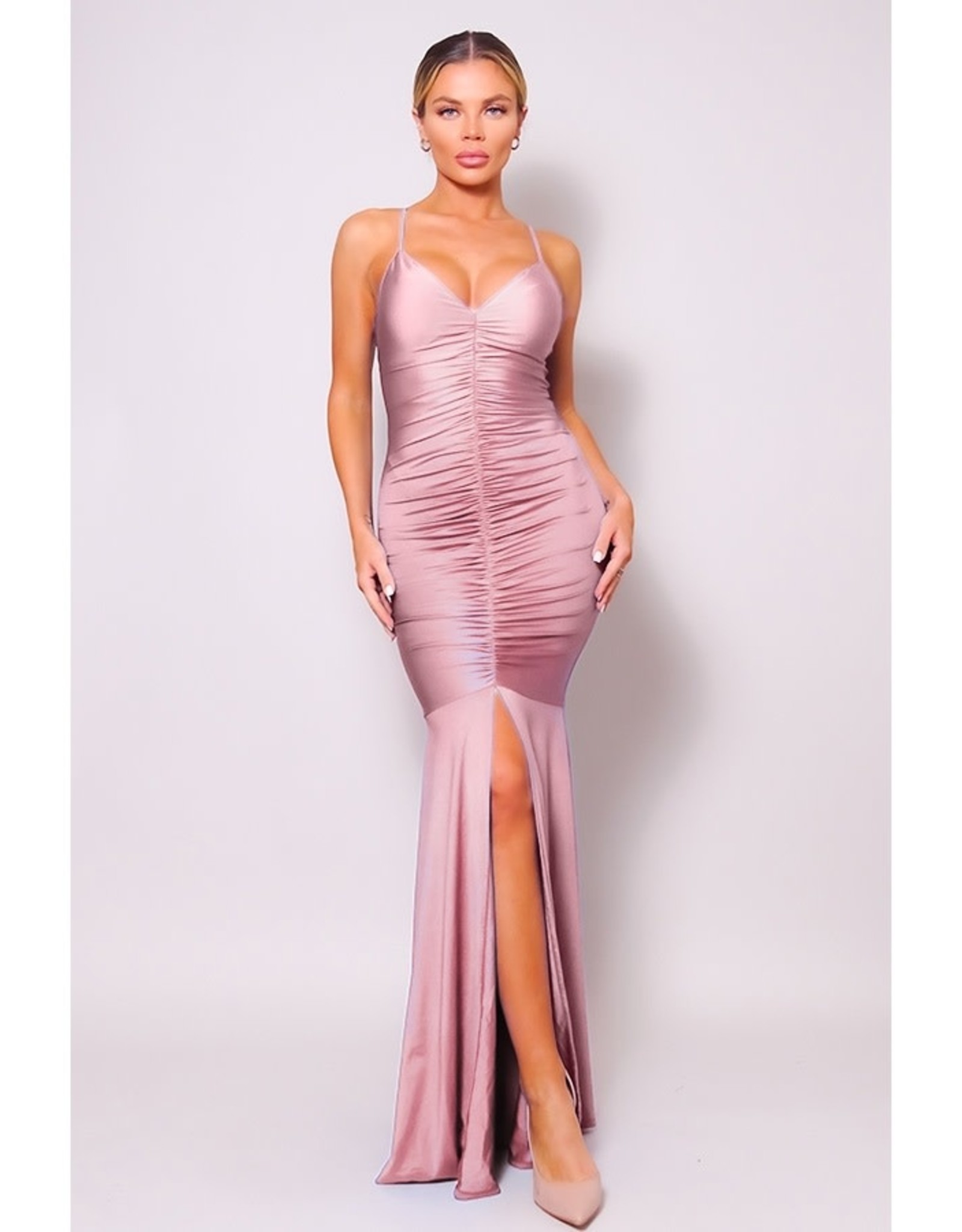 Mauve Ruched Deep V Spaghetti Strap Gown