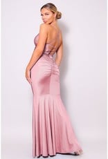 Mauve Ruched Deep V Spaghetti Strap Gown