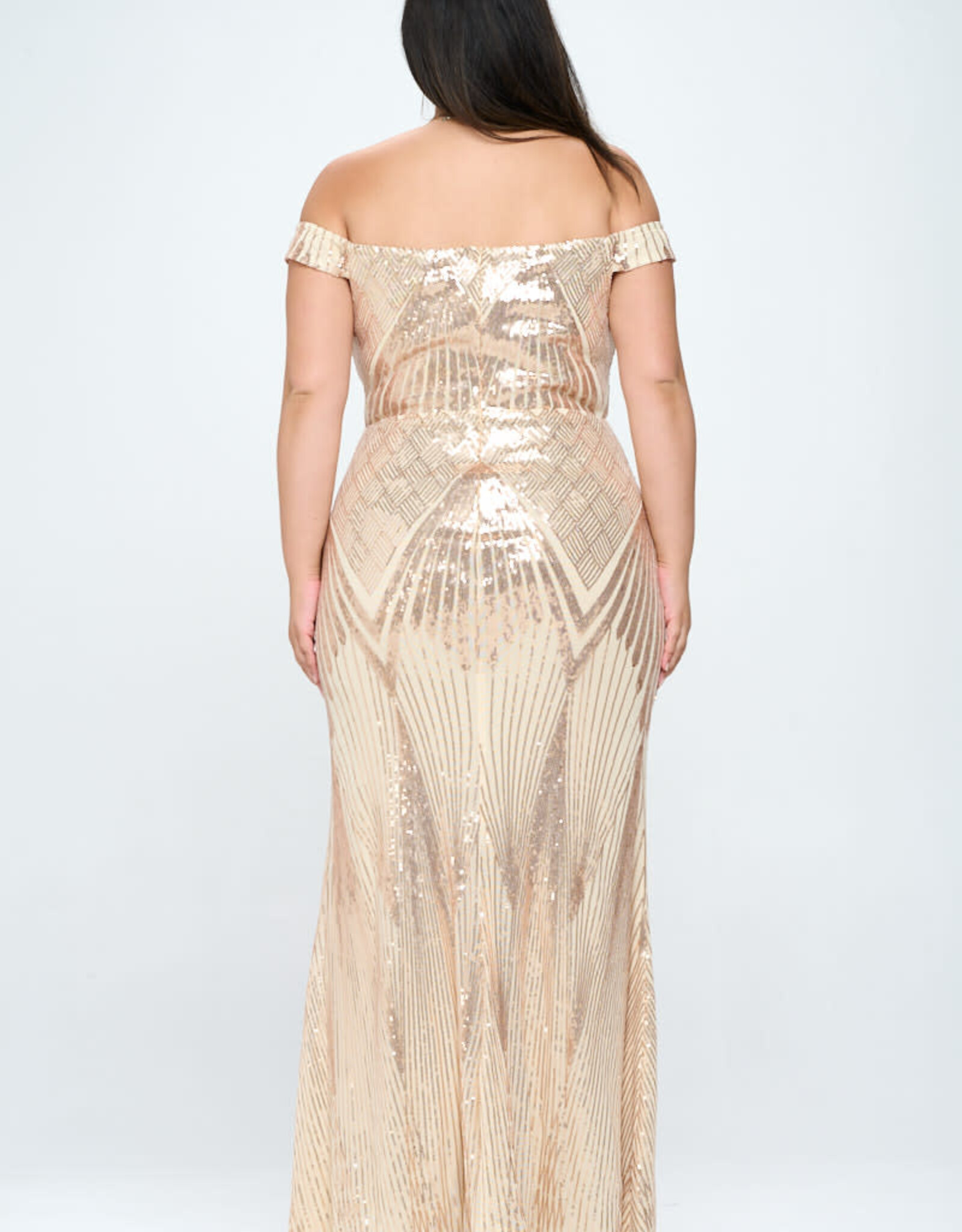 Off-the-Shoulder Mesh Inset Sequin Gown PLUS