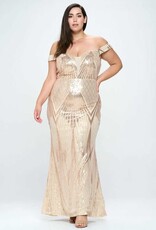 Off-the-Shoulder Mesh Inset Sequin Gown PLUS