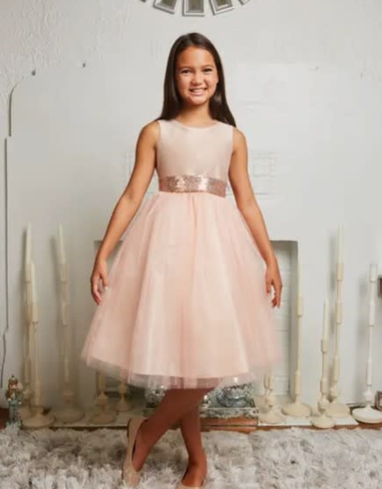 Girls' Rose Gold Sequin Back V Dress