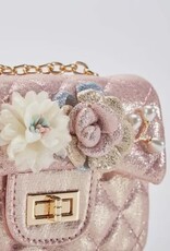 Girls' Floral Appliques Metallic Quilted Purse