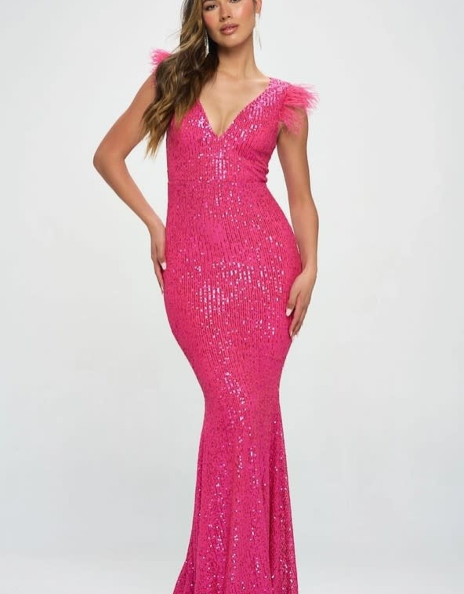 Feather Shoulder Sequins Gown