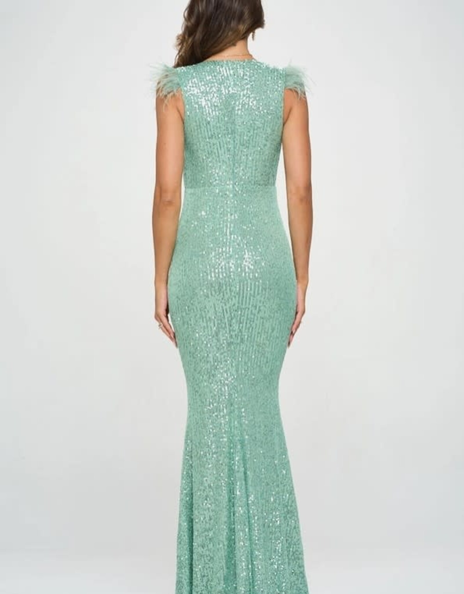 Feather Shoulder Sequins Gown