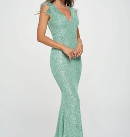 Feather Shoulder Sequins Gown