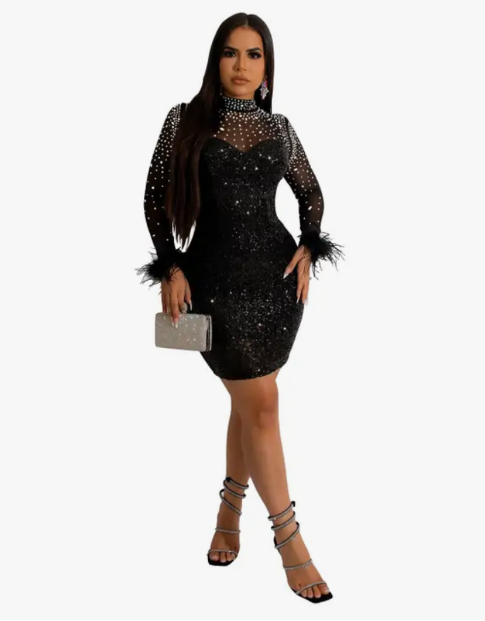 Feather Cuff Rhinestone Sequins Bodycon