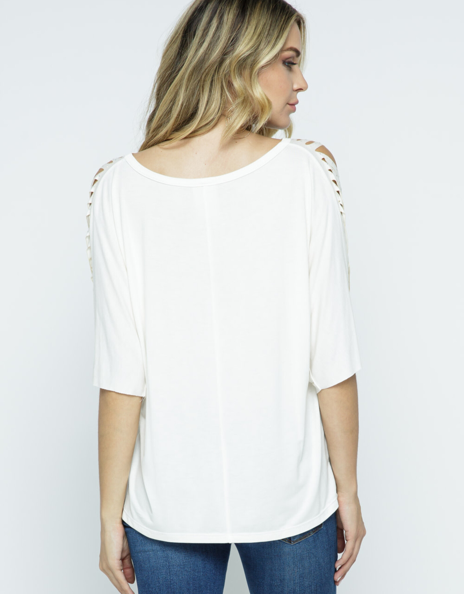 Short Sleeve with  Laser Cut Top Rhinestones - Off White