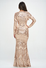 V-Neck Sequin Long Sleeve Gown