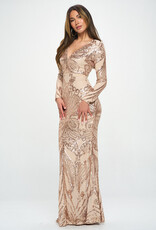 V-Neck Sequin Long Sleeve Gown