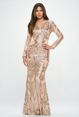 V-Neck Sequin Long Sleeve Gown