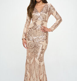 V-Neck Sequin Long Sleeve Gown