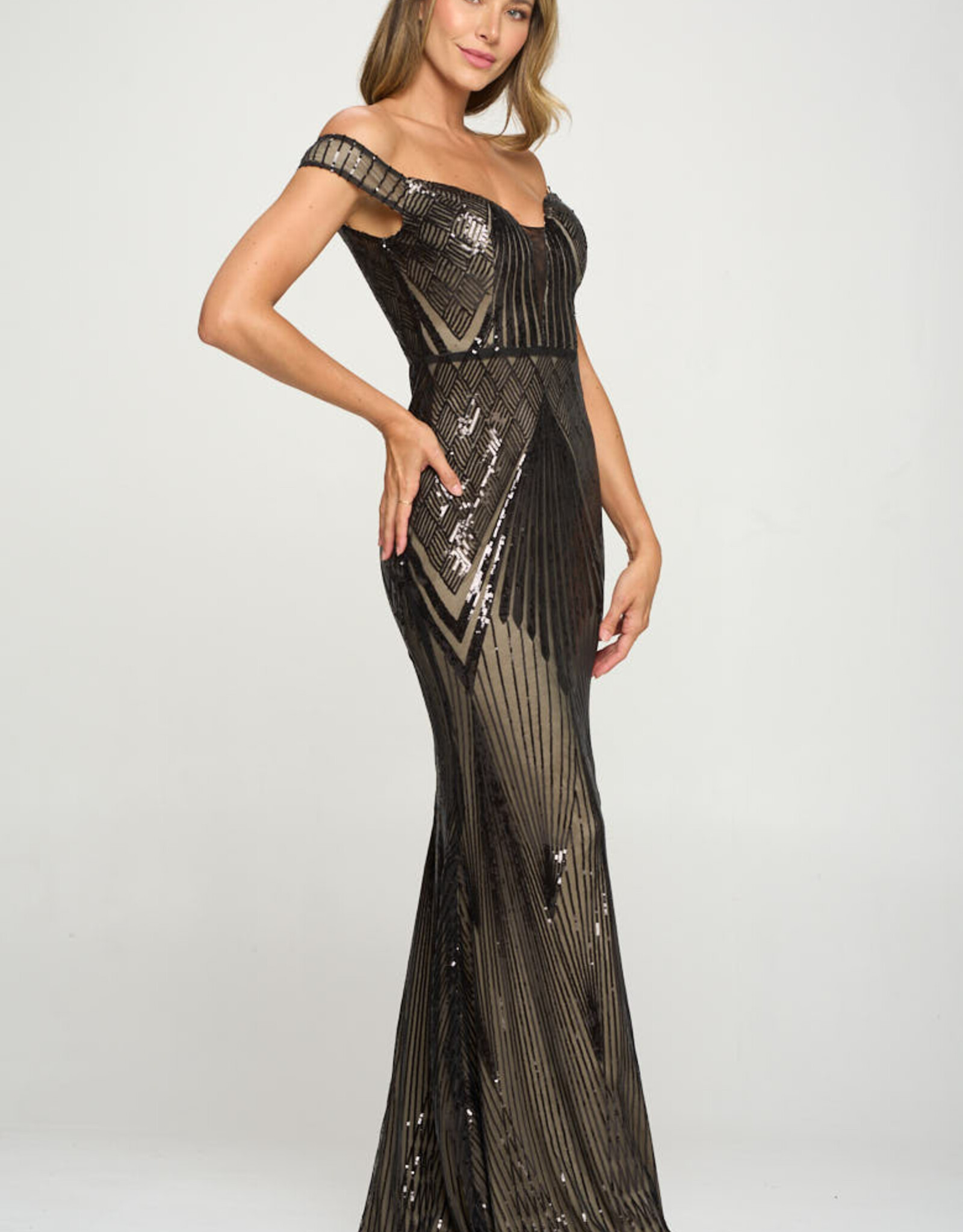 Off-the-Shoulder Mesh Inset Sequin Gown