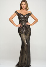 Off-the-Shoulder Mesh Inset Sequin Gown