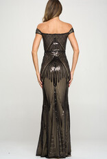 Off-the-Shoulder Mesh Inset Sequin Gown