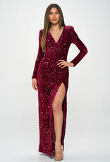 LS Strong Shoulder Velvet Sequins Drape Gown