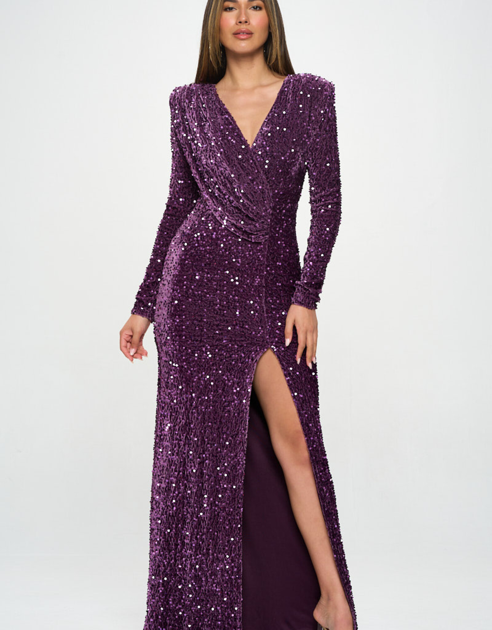 LS Strong Shoulder Velvet Sequins Drape Gown