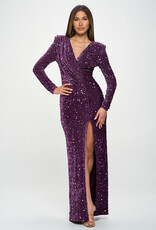 LS Strong Shoulder Velvet Sequins Drape Gown