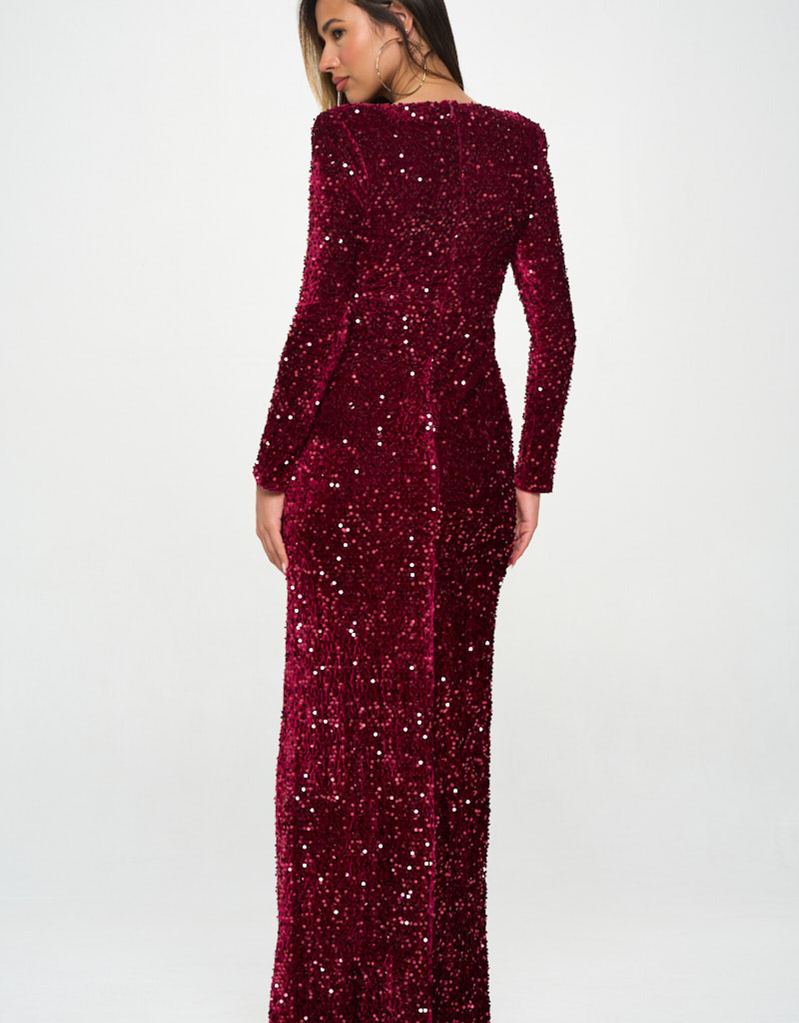 LS Strong Shoulder Velvet Sequins Drape Gown