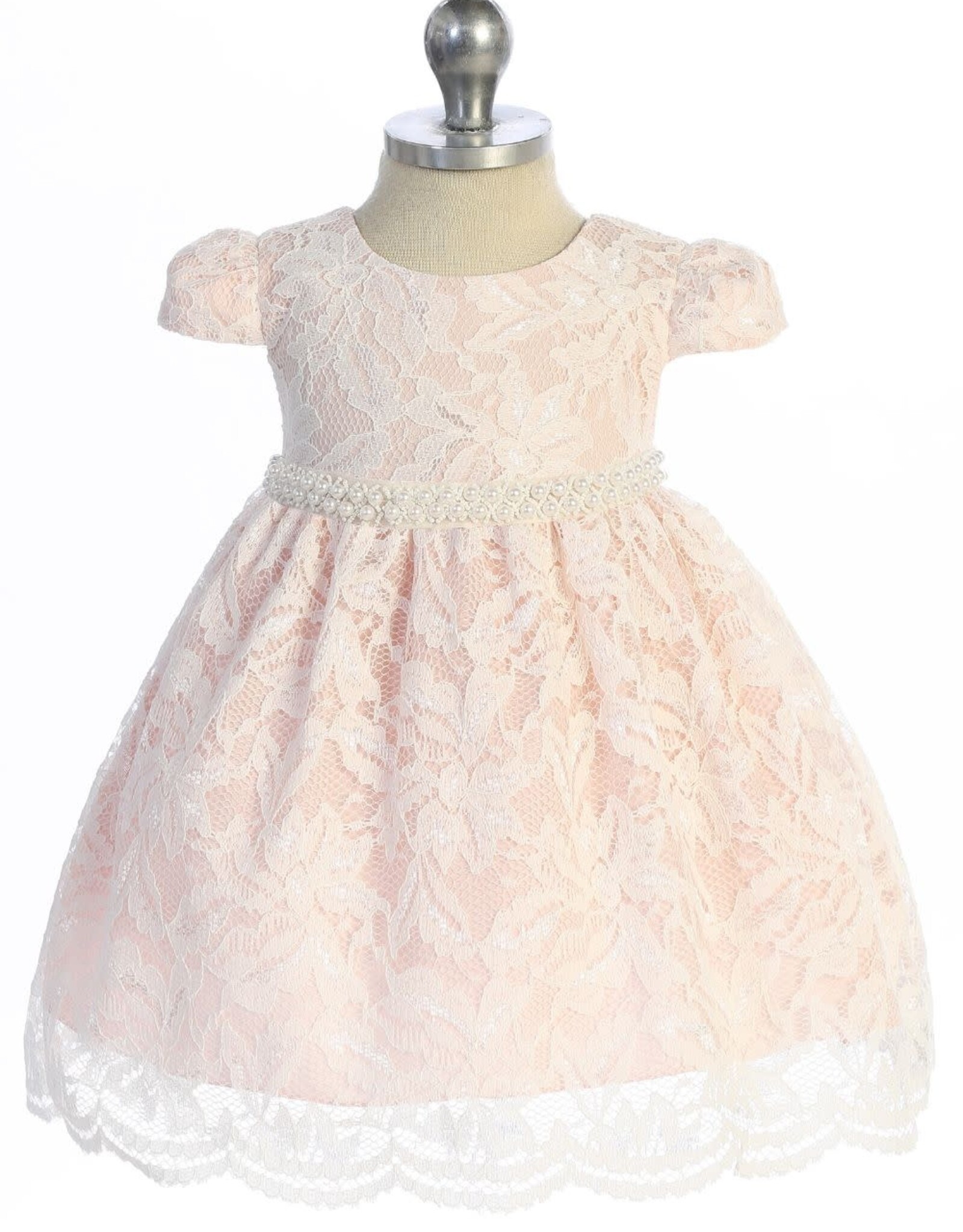Baby V-Back Bow Lace Dress w/Pearl Trim