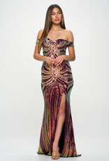 Off-the-Shoulder Multi Sequin Gown